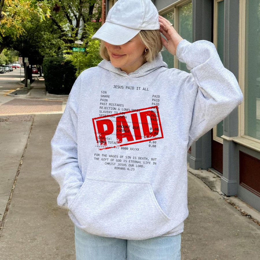 Jesus Paid It All Hoodie | Christian Receipt Design Graphic | Premium Cotton Blend Unisex Sweatshirt | Inspirational Religious Gift for Believers