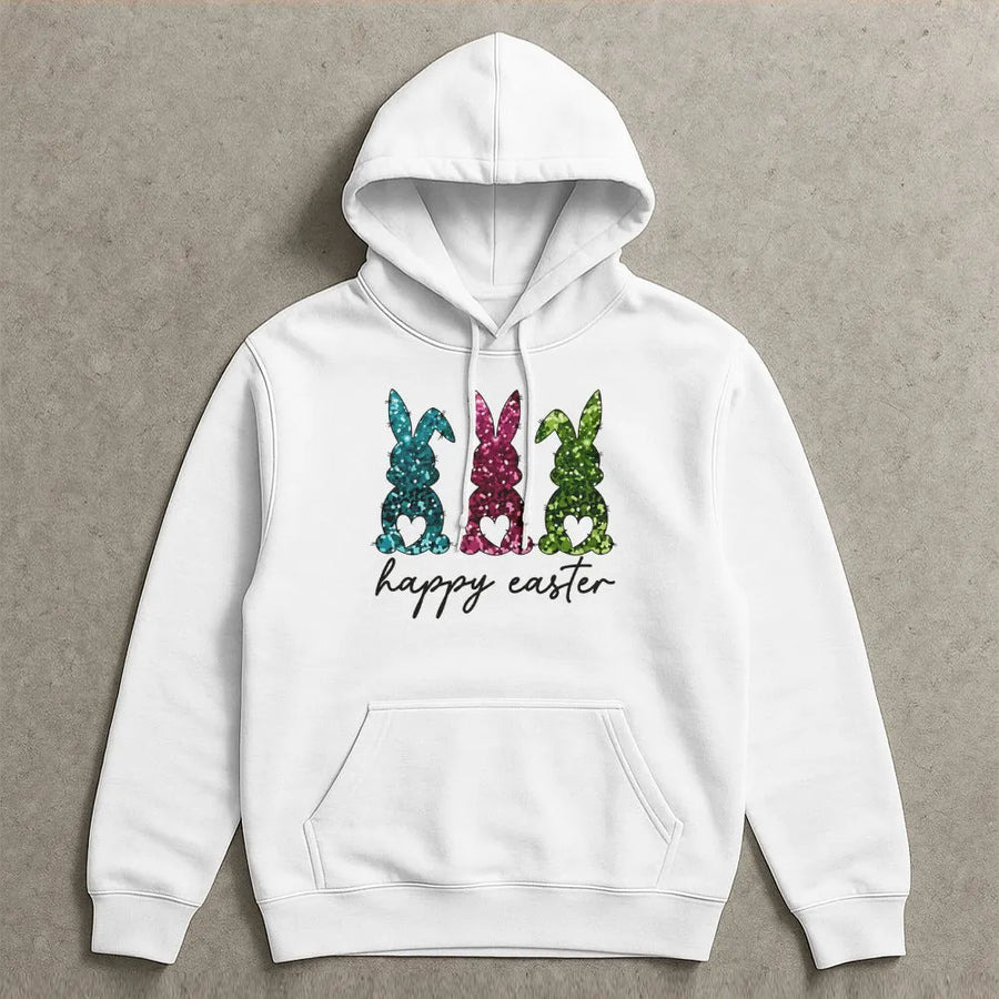 Happy Easter Glitter Bunny Hoodie | Cute Pastel Rabbit Graphic Print | Premium Cotton Blend Sweatshirt | Festive Spring Holiday Gift for Her
