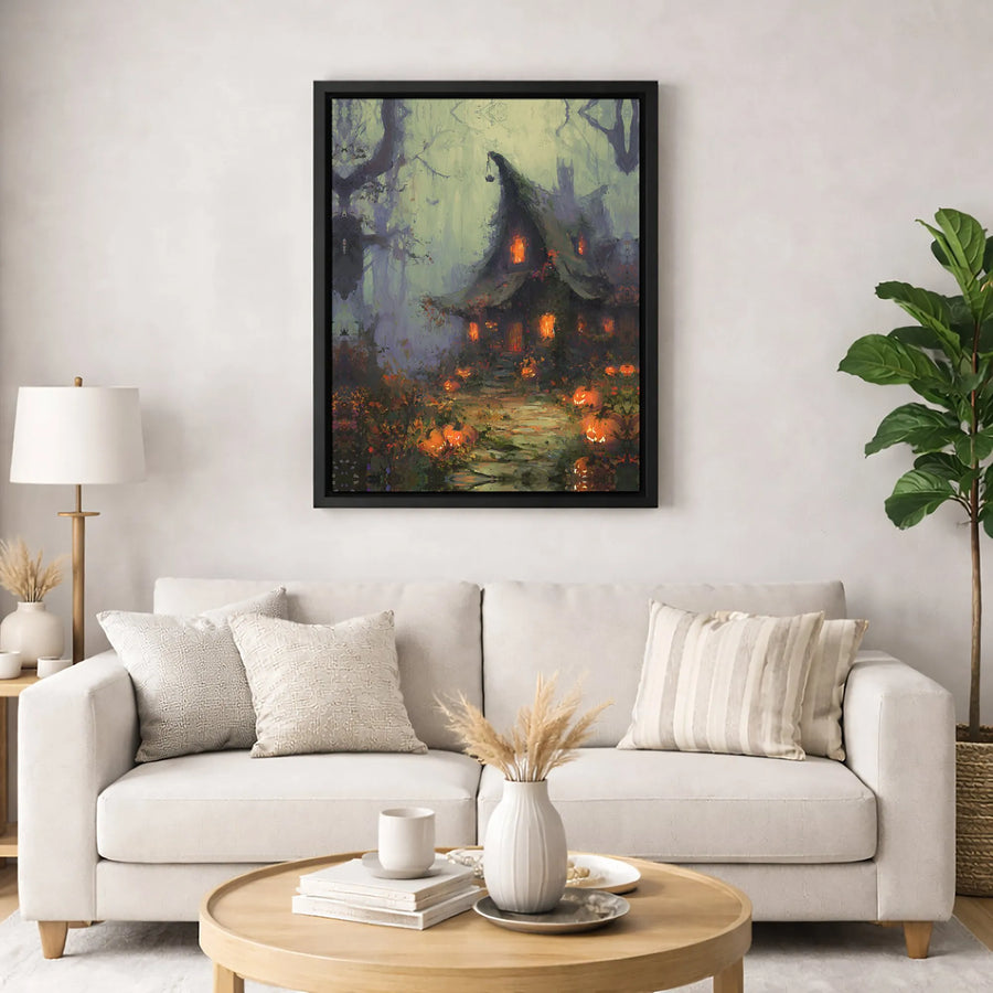 Haunted Witch House Canvas Print | Spooky Forest Jack-O'-Lantern Wall Art | Premium Fade-Resistant Gallery Wrap | Gothic Halloween Home Decor Gift