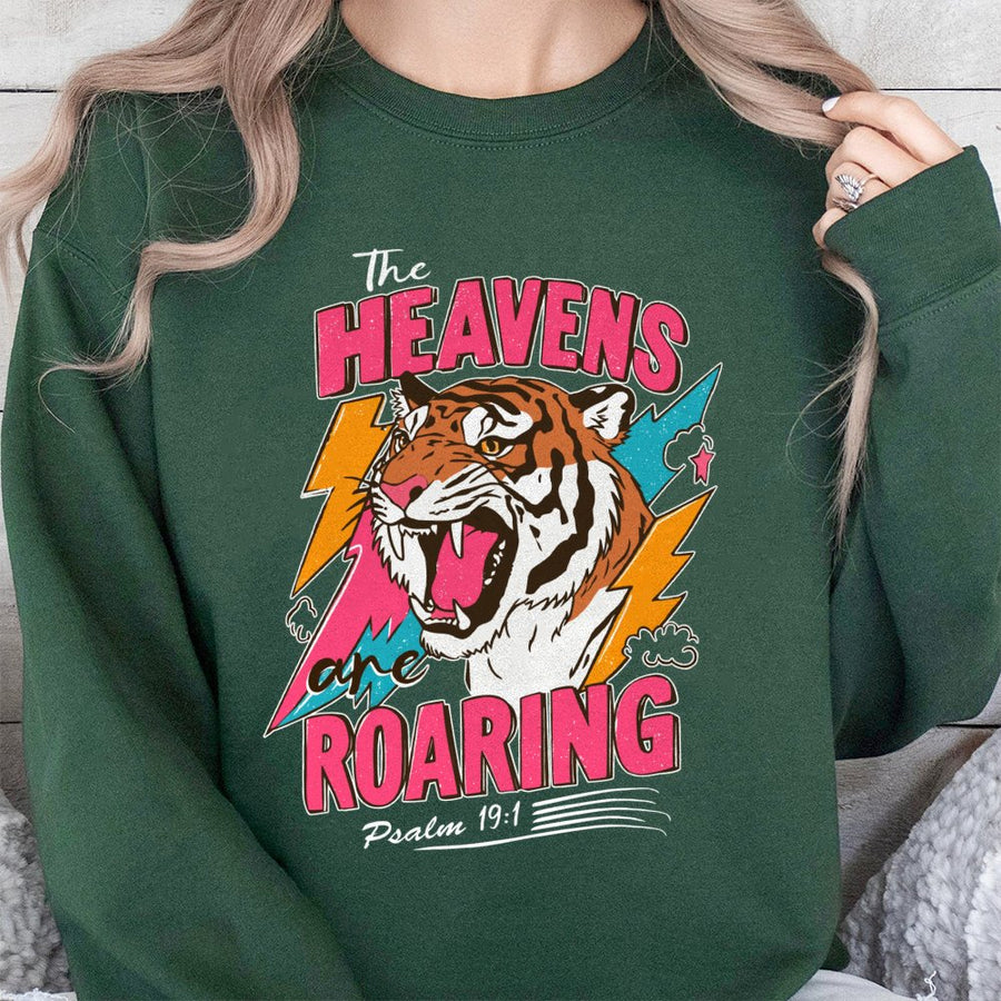 The Heavens Are Roaring Sweatshirt | Psalm 19:1 Bible Verse Graphic | Premium Cotton Blend Crewneck | Religious Christian Faith Gift