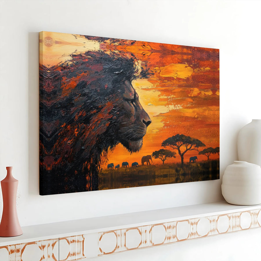 Lion Canvas Wall Art | African Savannah Sunset with Elephants | Premium Gallery Canvas | Wildlife Home Decor Gift