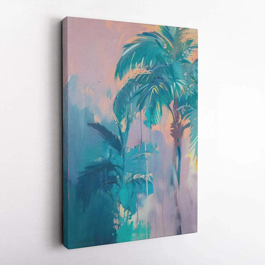 Abstract Palm Tree Canvas Art | Teal and Pink Coastal Wall Decor | Premium Gallery Wrapped Print | Modern Home Decor Gift