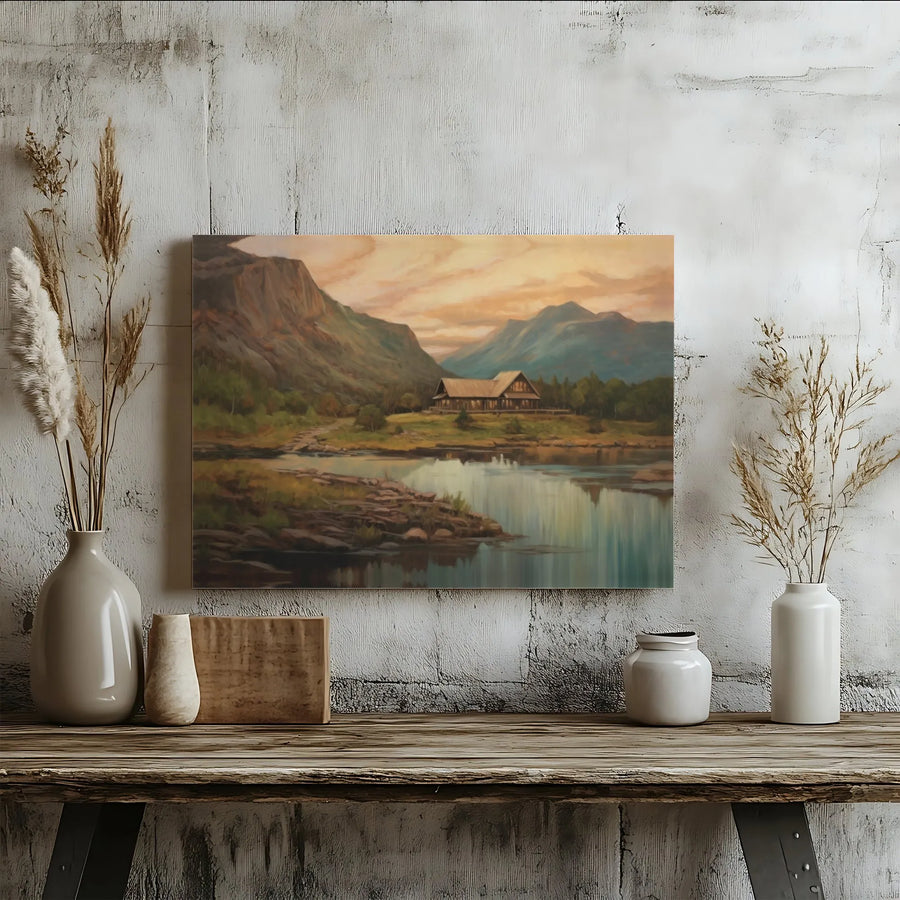 Rustic Mountain Cabin Canvas Wall Art | Serene Lake Landscape Painting | Premium Gallery-Wrapped Decor | Nature Lover Living Room Gift