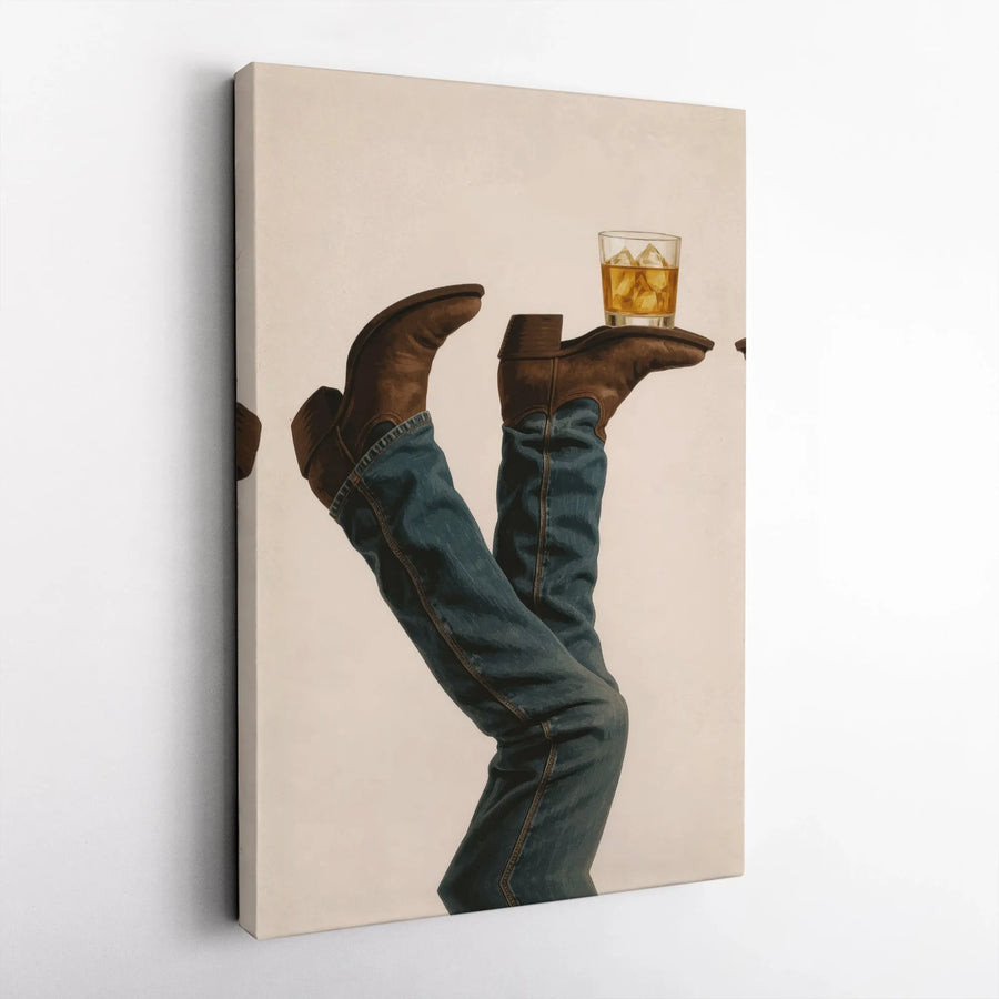 Cowboy Boots Whiskey Glass Canvas Art | Western Humor Wall Decor | Premium 1.25" Gallery Wrap | Man Cave or Bar Gift for Whiskey Lovers