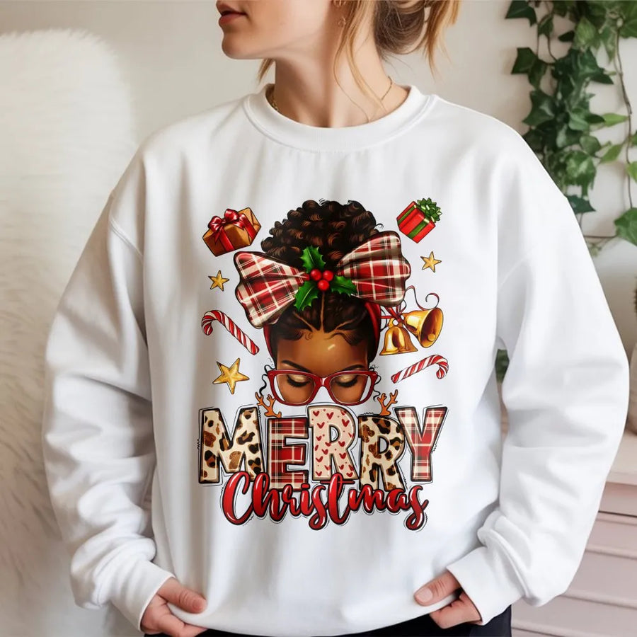African American Merry Christmas Sweatshirt | Afrocentric Plaid Bow Design | Premium Soft Fleece | Holiday Melanin Queen Gift for Women