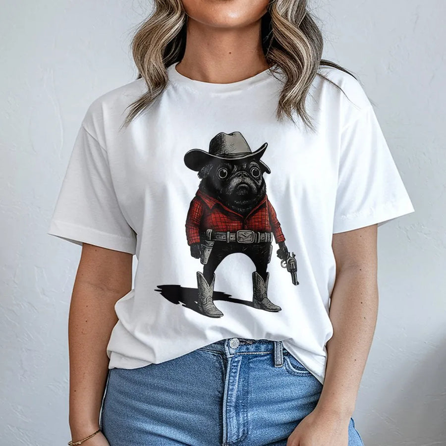 Cowboy Pug Graphic T-Shirt | Funny Western Dog Meme Art | 100% Premium Cotton Tee | Unique Gift For Dog Lovers