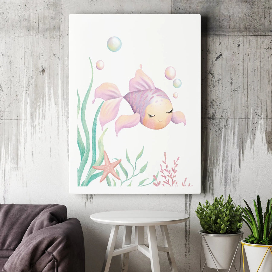 Cute Goldfish Canvas Wall Art | Watercolor Nursery Decor Print | 1.25 Inch Gallery Wrap | Ocean Themed Baby Room Gift