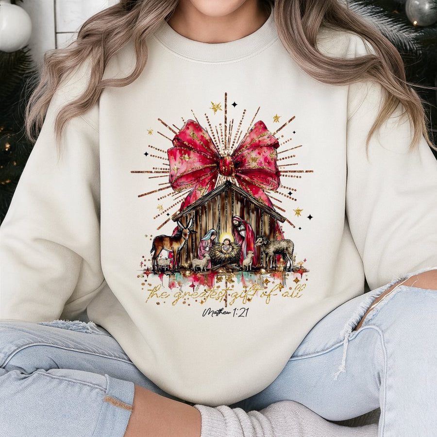 Nativity Christmas Sweatshirt | The Greatest Gift Of All Religious Design | Premium Cotton Blend | Christian Faith Holiday Gift For Women And Men