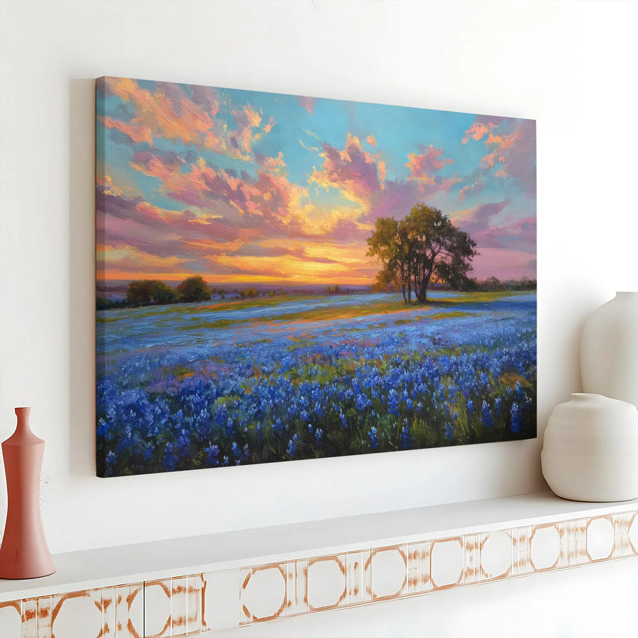 Texas Bluebonnet Landscape Canvas Print | Sunset Wildflower Meadow Wall Art | Premium 1.25 inch Gallery Wrap | Rustic Home Decor Gift