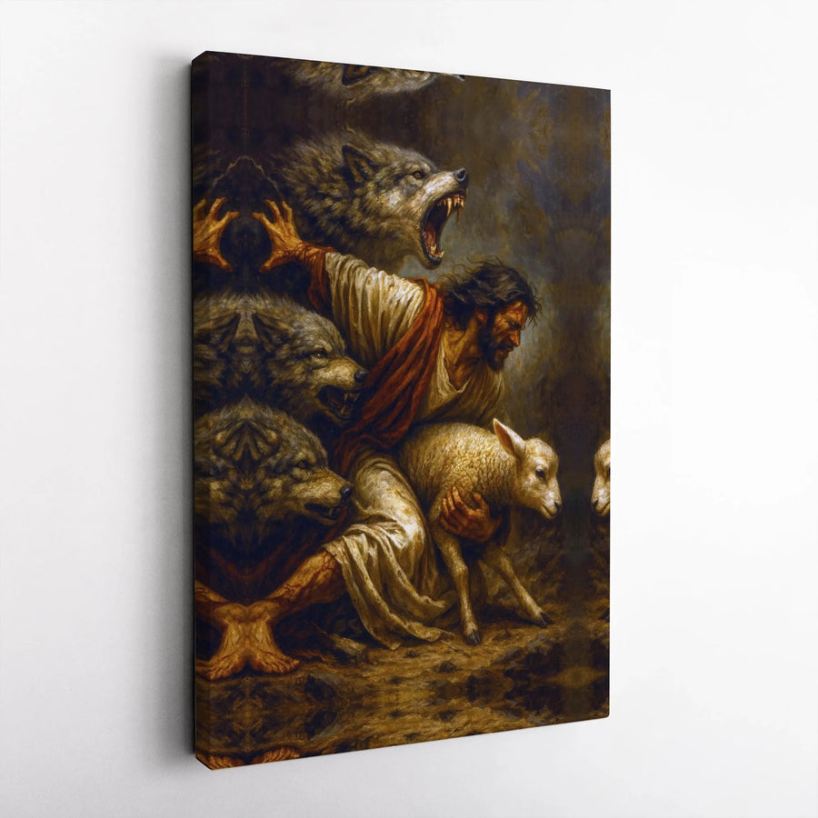 Jesus Good Shepherd Canvas Art | Religious Wall Decor Featuring Protecting Lamb from Wolves | Premium Gallery Wrap Print | Faithful Home Decor Gift