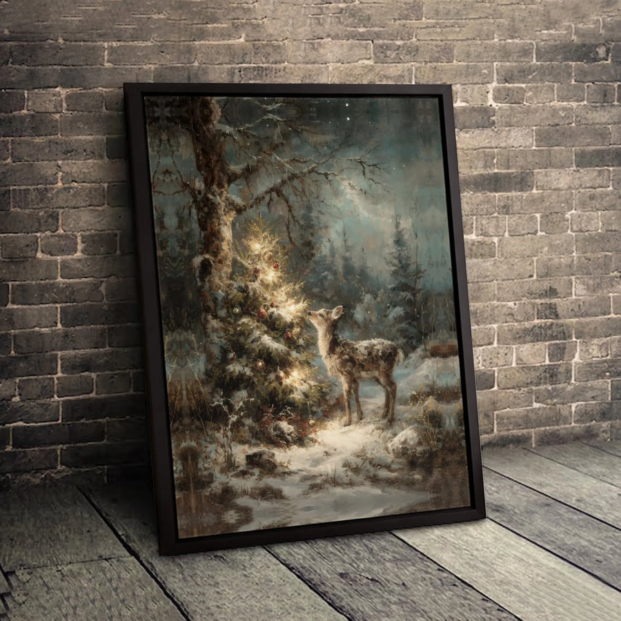 Winter Forest Fawn Canvas Print | Vintage Style Christmas Tree Art | Premium 1.25 Inch Gallery Wrap | Cozy Holiday Home Decor Gift