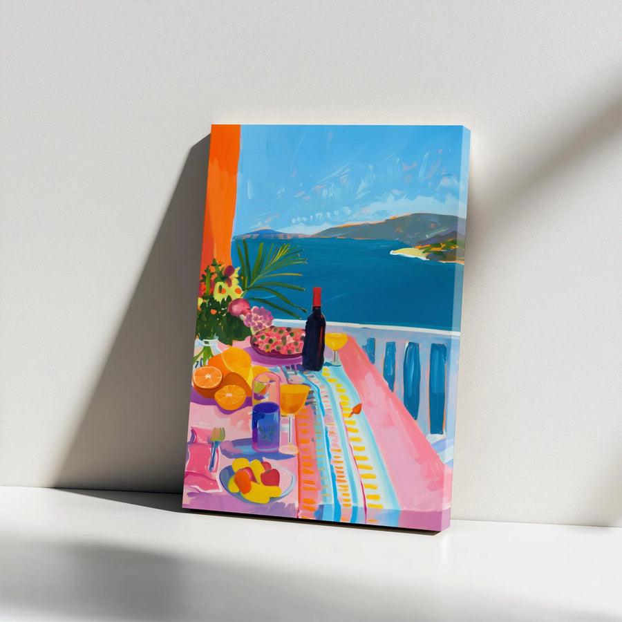 Mediterranean Seaside Canvas Art | Vibrant Coastal Wine and Fruit Still Life | Premium Gallery Wrap Print | Amalfi Coast Inspired Home Decor Gift