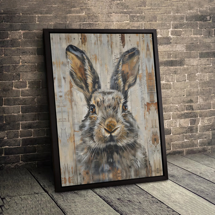 Rustic Hare Wall Art | Vintage Wood Plank Rabbit Portrait | Premium Canvas Print | Country Farmhouse Home Decor