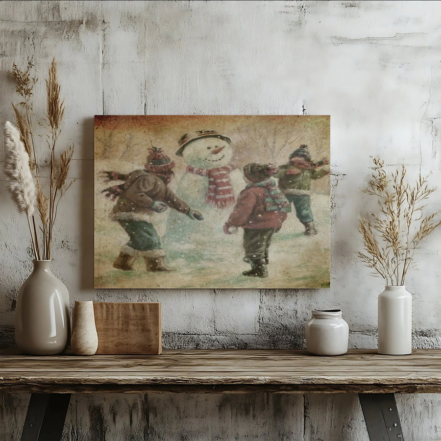 Vintage Snowman Wall Art Canvas | Nostalgic Children Playing in Snow | Gallery Quality Fade-Resistant Print | Christmas Home Decor Holiday Gift