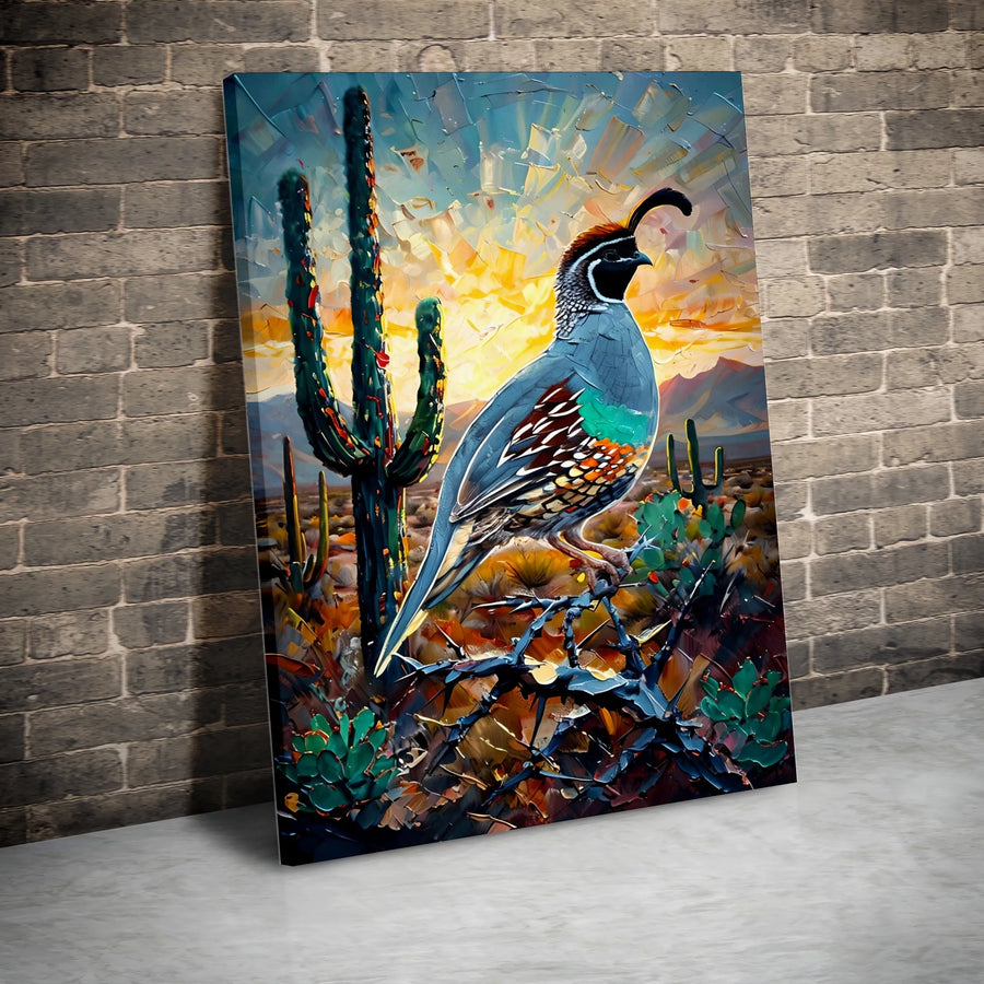 Quail Desert Wall Art | Impasto Cactus Landscape Painting | Premium Gallery-Wrapped Canvas | Southwestern Home Decor Gift