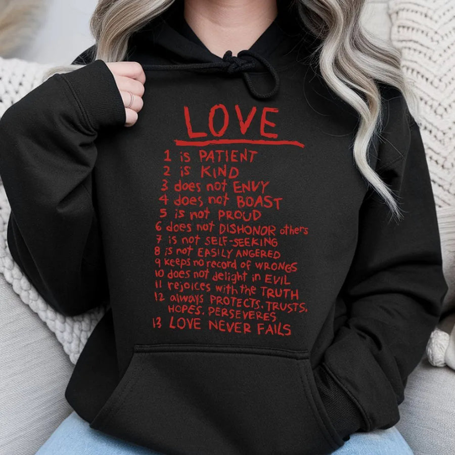 Love Is Patient Hoodie | 1 Corinthians 13 Bible Verse Graphic | Premium Cotton Blend Christian Apparel | Faith-Based Inspirational Gift For Him Her