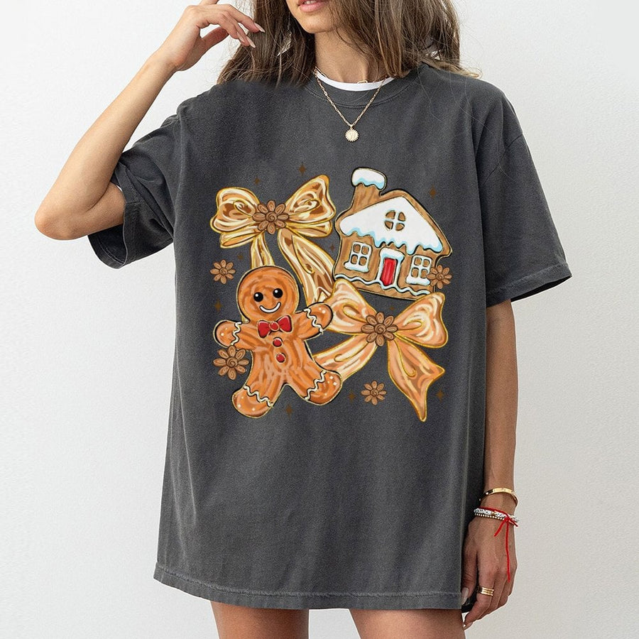 Gingerbread Man T-Shirt | Coquette Christmas Bow Graphic | 100% Cotton Premium Tee | Holiday Gift for Women & Christmas Lovers