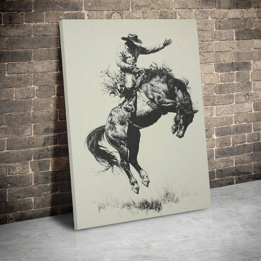 Western Cowboy Wall Art | Bucking Bronco Sketch Print | 1.25 Inch Gallery Wrap Canvas | Rustic Home Decor for Rodeo Fans and Ranchers
