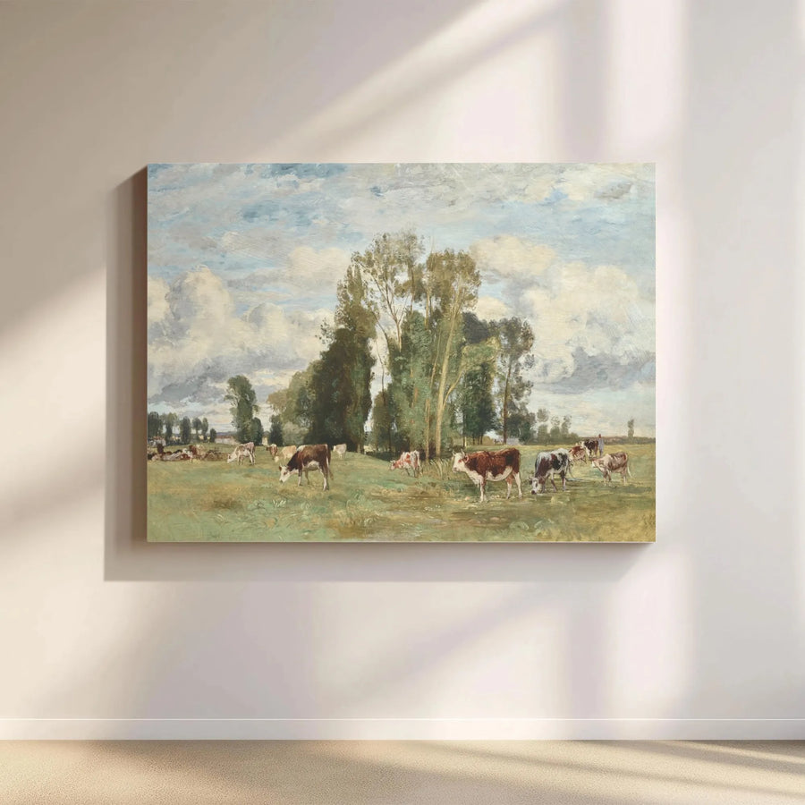 Pastoral Cow Landscape Canvas Print | Vintage Countryside Field Wall Art | 1.25" Gallery Wrapped Premium Canvas | Farmhouse Home Decor Gift