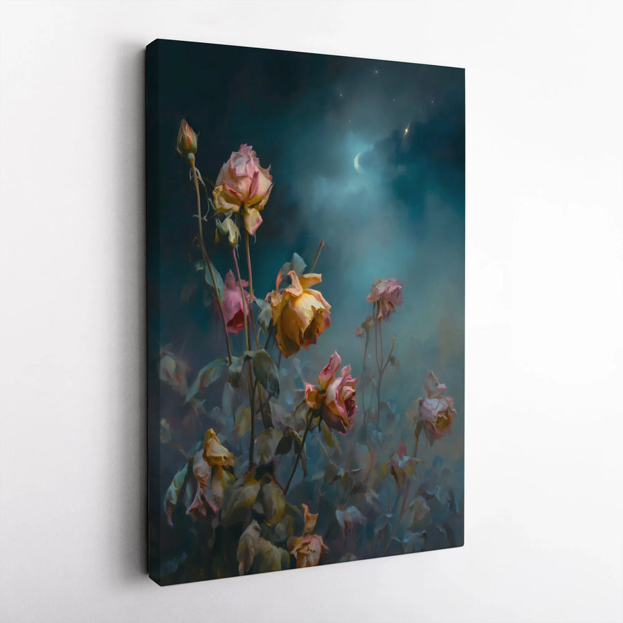 Moody Rose Canvas Art | Dark Floral Night Sky Painting | Premium Fade-Resistant Gallery Print | Atmospheric Wall Decor for Home Office