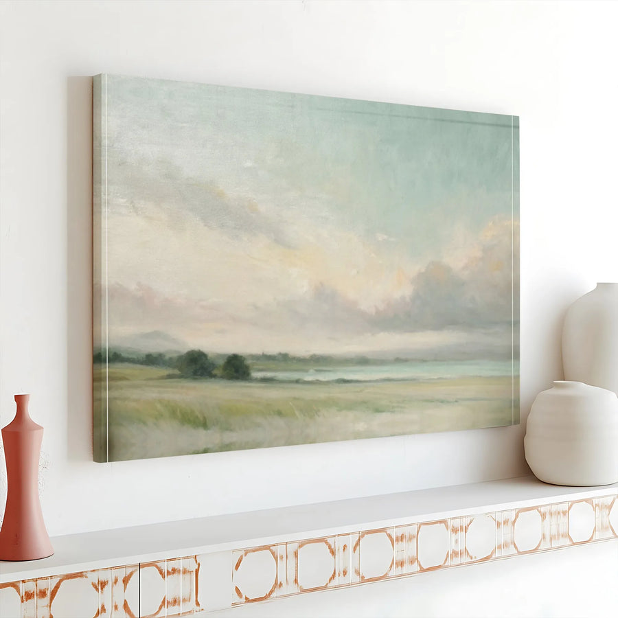 Vintage Landscape Painting Horizontal Canvas | Serene Countryside Meadow Art | Premium 1.25-Inch Frameless Gallery Canvas | Calming Living Room Wall Decor Gift