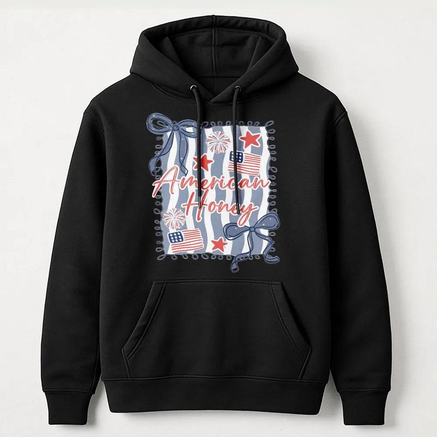 American Honey Hoodie | Patriotic USA Flag and Fireworks Graphic | Soft Cotton Tee | 4th of July Celebration Gift for Women
