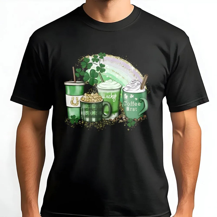 St. Patrick's Day Coffee T-Shirt | Shamrock Irish Latte Graphic | Premium 100% Cotton Tee | Gift for Coffee Lovers & Women
