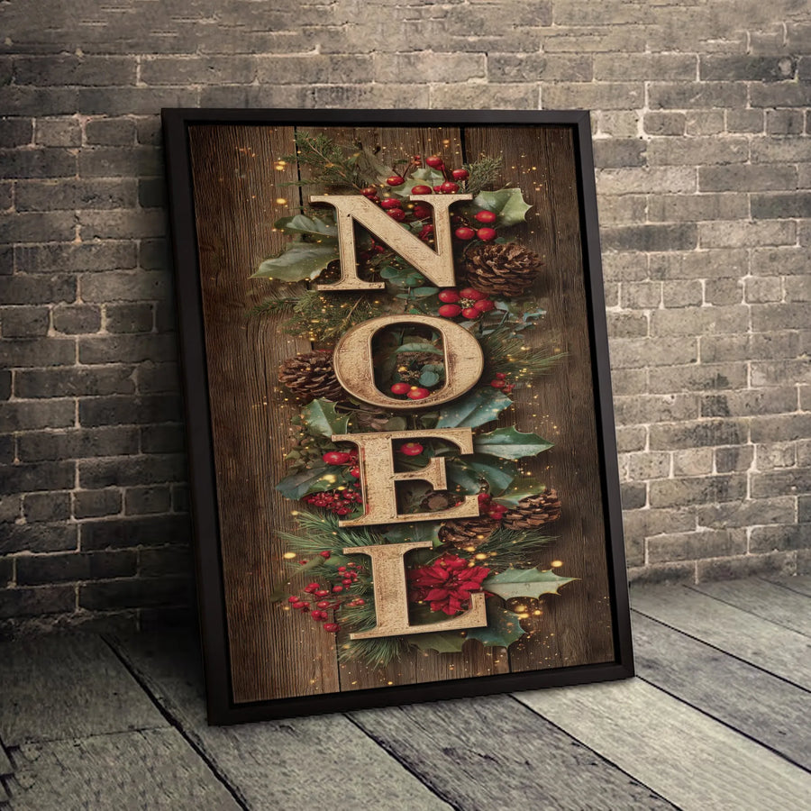 Noel Christmas Canvas Wall Art | Rustic Pinecone & Berry Wreath Design | Premium Fade-Resistant Print | Festive Holiday Home Decor Gift