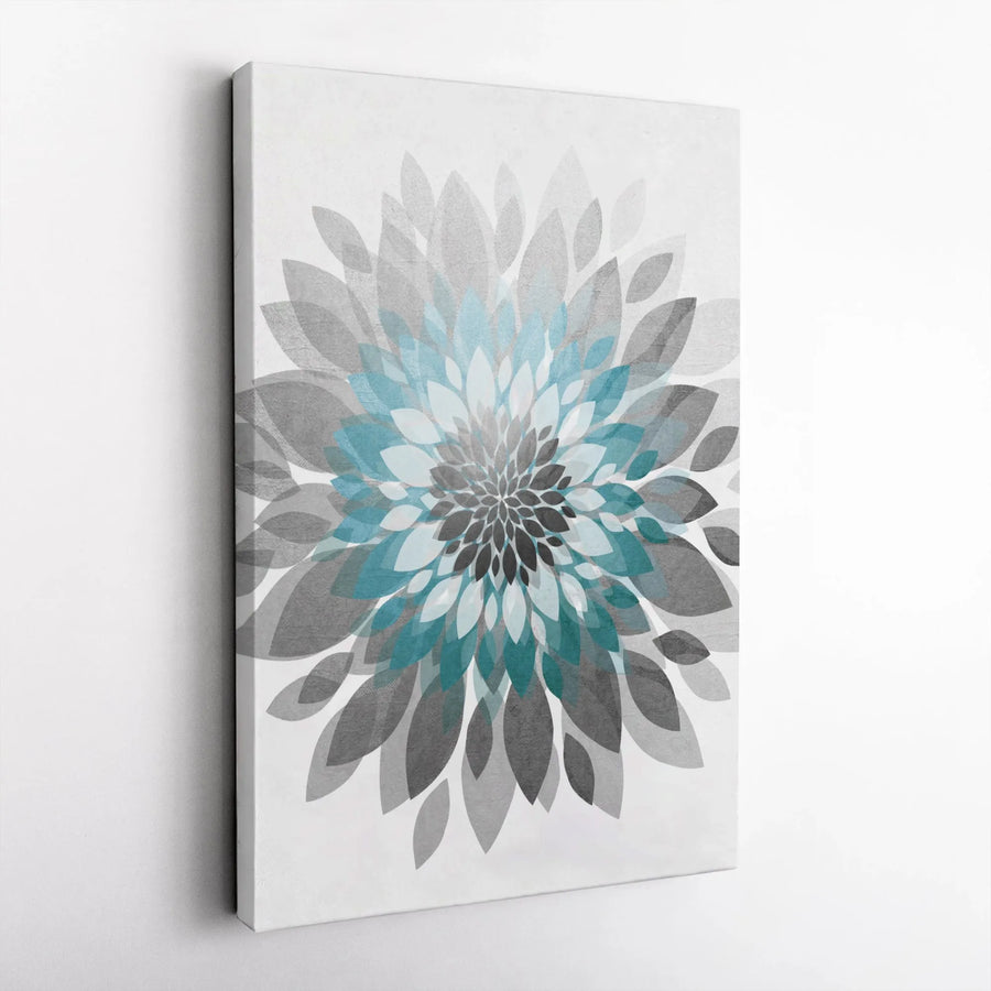 Abstract Floral Canvas Wall Art | Modern Teal and Gray Geometric Flower | Premium 1.25" Thick Gallery Wrap | Minimalist Home and Office Decor Gift
