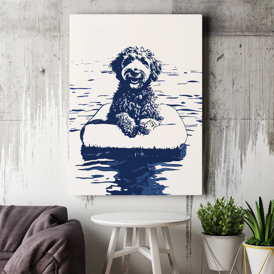 Doodle Dog Canvas Wall Art | Summer Pool Float Illustration | Premium 1.25-Inch Gallery Wrap | Gift For Goldendoodle Labradoodle Lovers