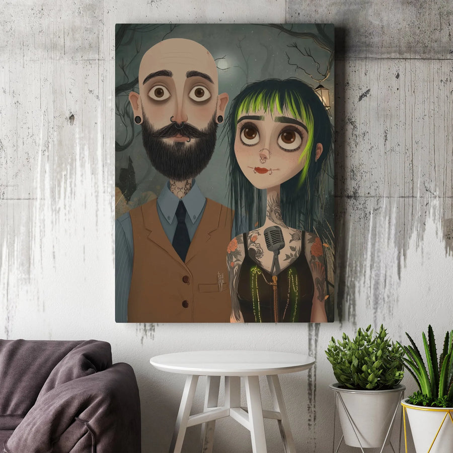 Gothic Couple Portrait Canvas | Big Eye Cartoon Style Wall Art | Premium Thick Gallery Wrap Canvas | Unique Anniversary Gift for Alternative Couple