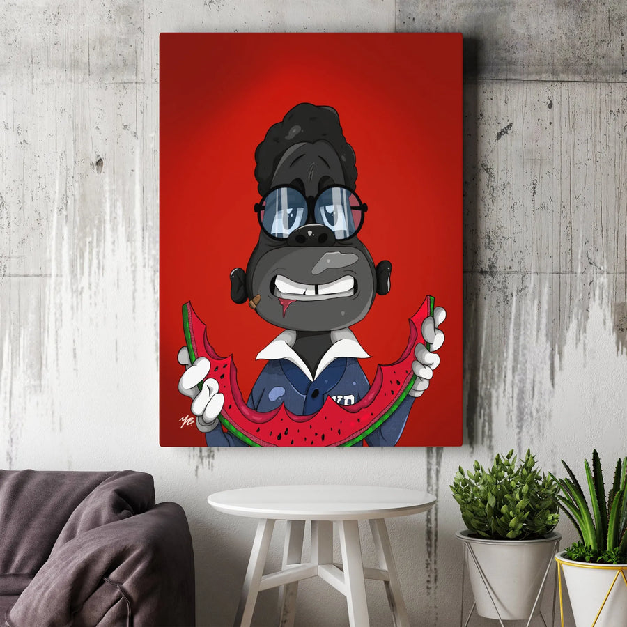 Cartoon Gorilla Canvas Print | Urban Street Art Ape with Watermelon | Premium Gallery Wrapped Canvas | Modern Pop Art Decor Gift for Him