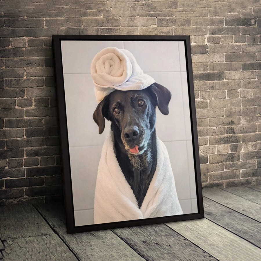 Funny Black Dog Canvas Wall Art | Dog With Towel Turban Bath Photo | 1.25-Inch Premium Gallery Wrap | Quirky Bathroom Decor & Pet Lover Gift