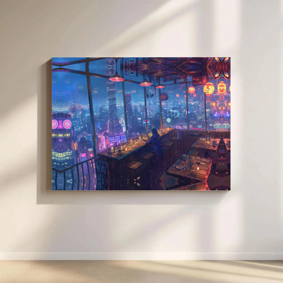 Cyberpunk Cityscape Canvas Art | Rainy Neon Bar Nightlife View | Gallery Quality Fade-Resistant Print | Urban Gaming Room Decor Wall Gift