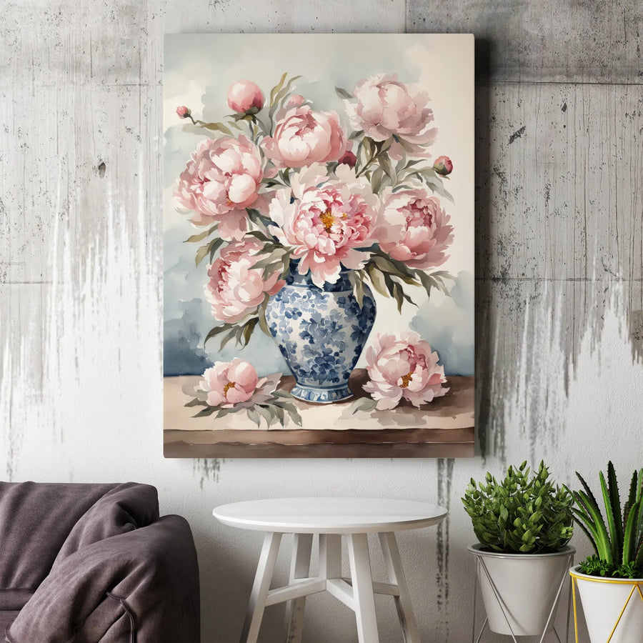 Peony Canvas Wall Art | Watercolor Floral Painting in Chinoiserie Vase | Premium Gallery Wrap Canvas | Farmhouse Living Room Decor Gift