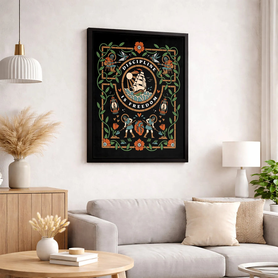Discipline Is Freedom Wall Art | Traditional Tattoo Style Sailing Ship Canvas | Premium Fade-Resistant Print | Motivational Home Office Decor