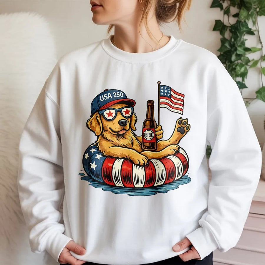 Patriotic Dog Sweatshirt for 4th of July | Funny Golden Retriever with Beer & Flag | Soft Cotton Unisex Tee | Independence Day Gift for Dog Lovers