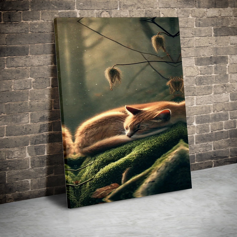 Sleeping Cat Canvas Wall Art | Peaceful Woodland Ginger Cat Print | Premium Fade-Resistant Canvas | Cozy Home Decor Gift for Cat Lovers
