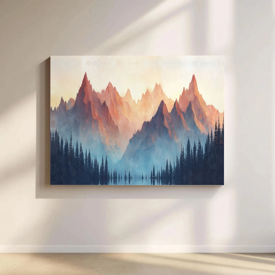 Mountain Landscape Canvas Print | Red Sunrise Misty Pine Forest | Premium Gallery Quality Wall Art | Nature Decor for Home or Office