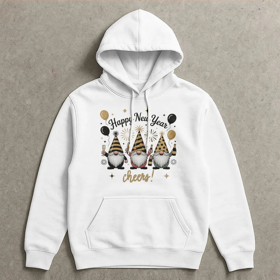 Happy New Year Gnomes Hoodie | Festive Champagne Toast Graphic | Premium Cotton Blend | Unisex Holiday Party Gift For Women And Men