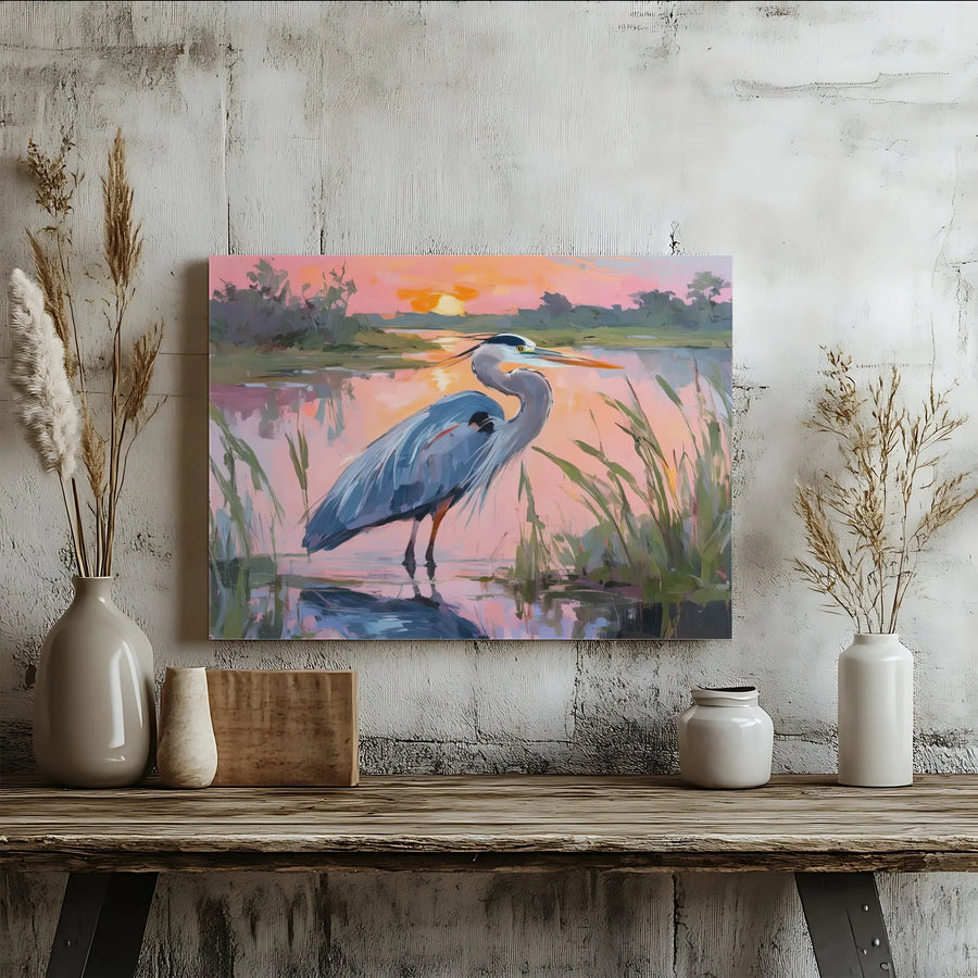 Great Blue Heron Canvas Wall Art | Impressionist Sunset Marsh Painting | Premium Gallery Wrapped Canvas | Coastal Decor Gift for Bird Watcher