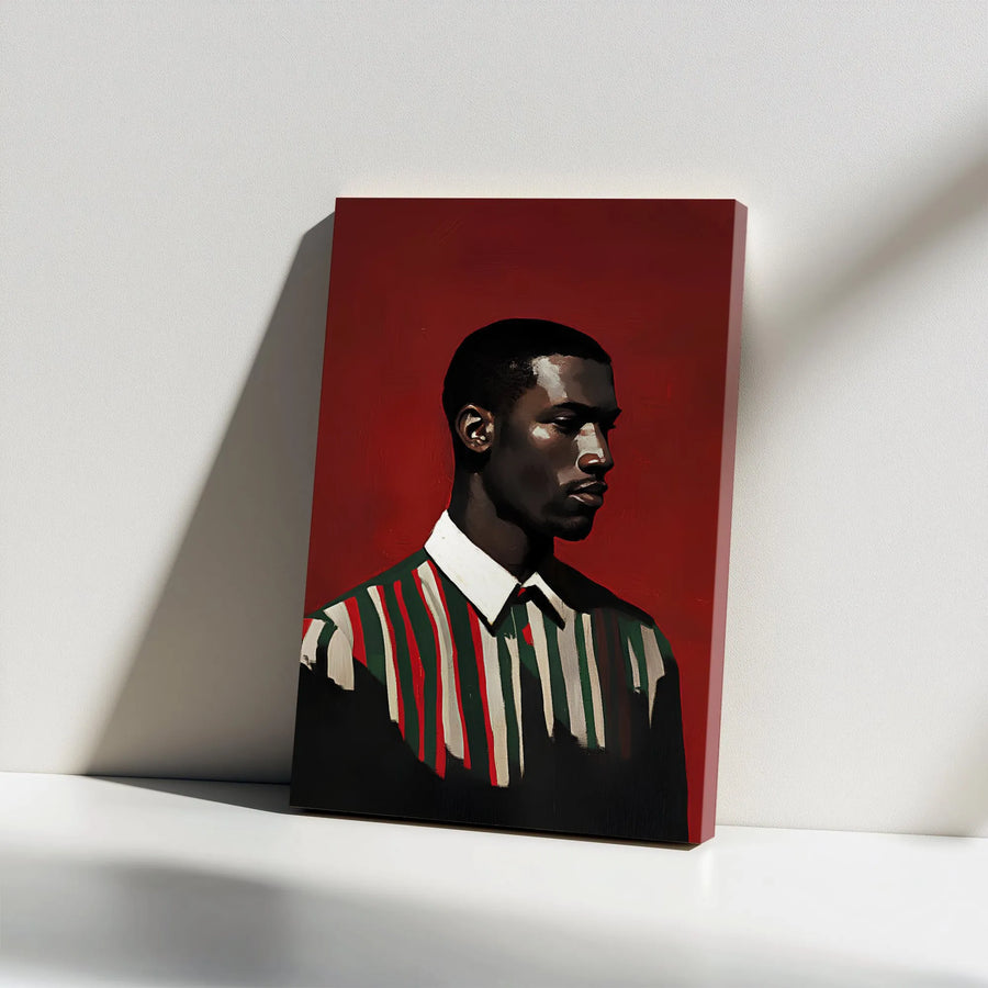 Modern Black Man Portrait Canvas Wall Art | Red Background Oil Painting Style | Premium Gallery Wrap Print | Sophisticated Home Decor Gift