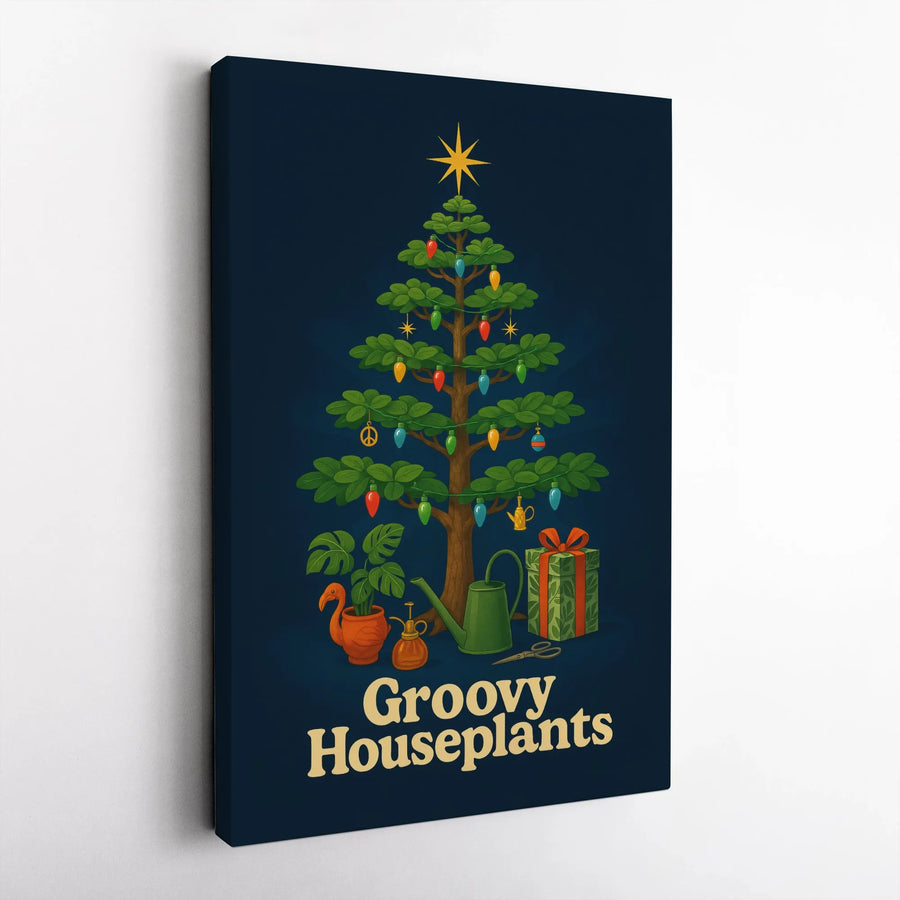Groovy Houseplants Christmas Tree Canvas Art | Retro Plant Lover Holiday Wall Decor | Premium 1.25" Gallery Wrap | Unique Gardener Gift
