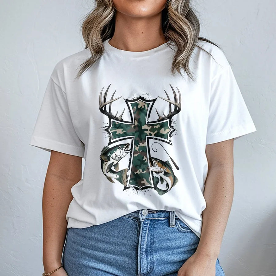 Camo Cross Hunting T-Shirt | Bass Fishing & Deer Antler Graphic | 100% Cotton Premium Tee | Outdoor Enthusiast Gift For Men & Women