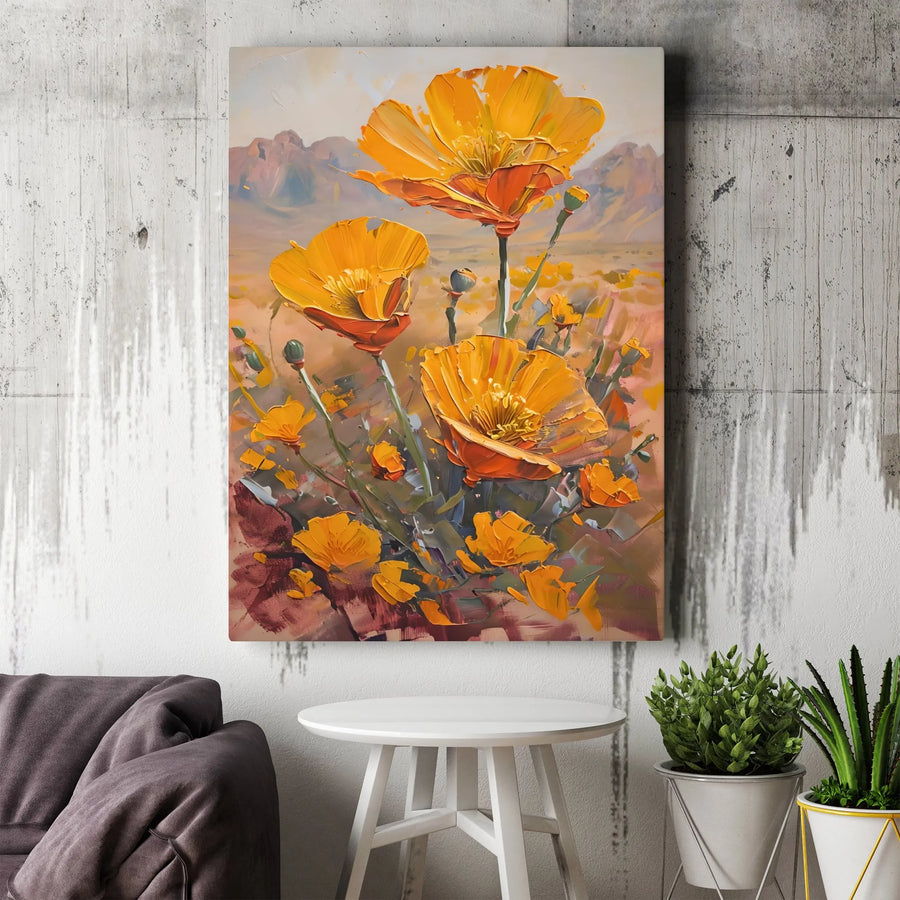 California Poppy Flower Wall Art | Impasto Oil Painting Style | Premium Gallery Wrapped Canvas | Botanical Mountain Home Decor Gift