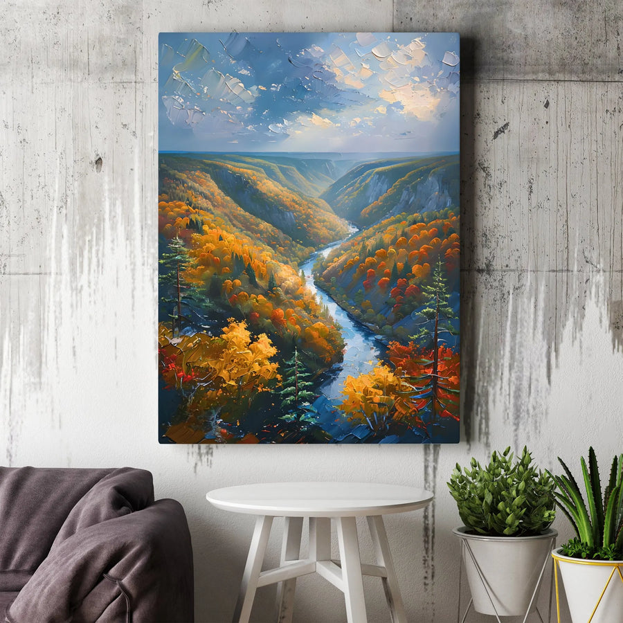 Autumn River Landscape Canvas Wall Art | Impasto Oil Painting Style Print | 1.25” Thick Gallery Wrap | Nature-Inspired Home Decor Gift