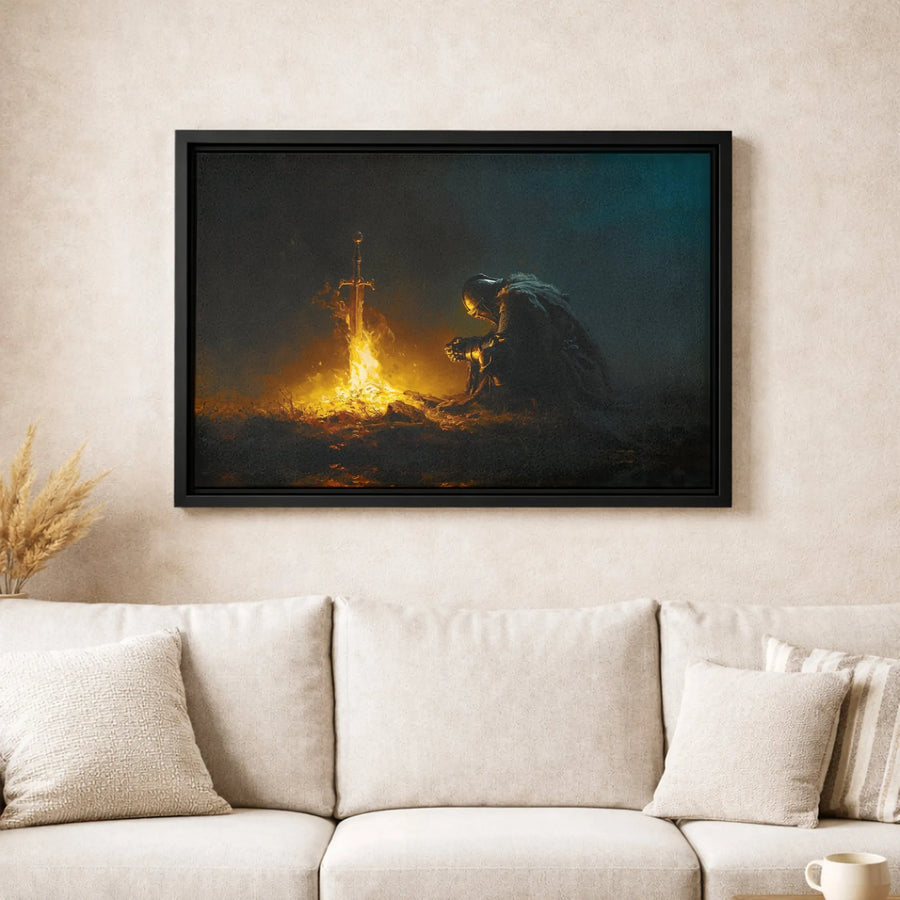 Knight Kneeling at Bonfire Canvas | Dark Fantasy Gaming Wall Art | Premium Gallery Wrapped Print | Gift for RPG Gamer & Fantasy Collector