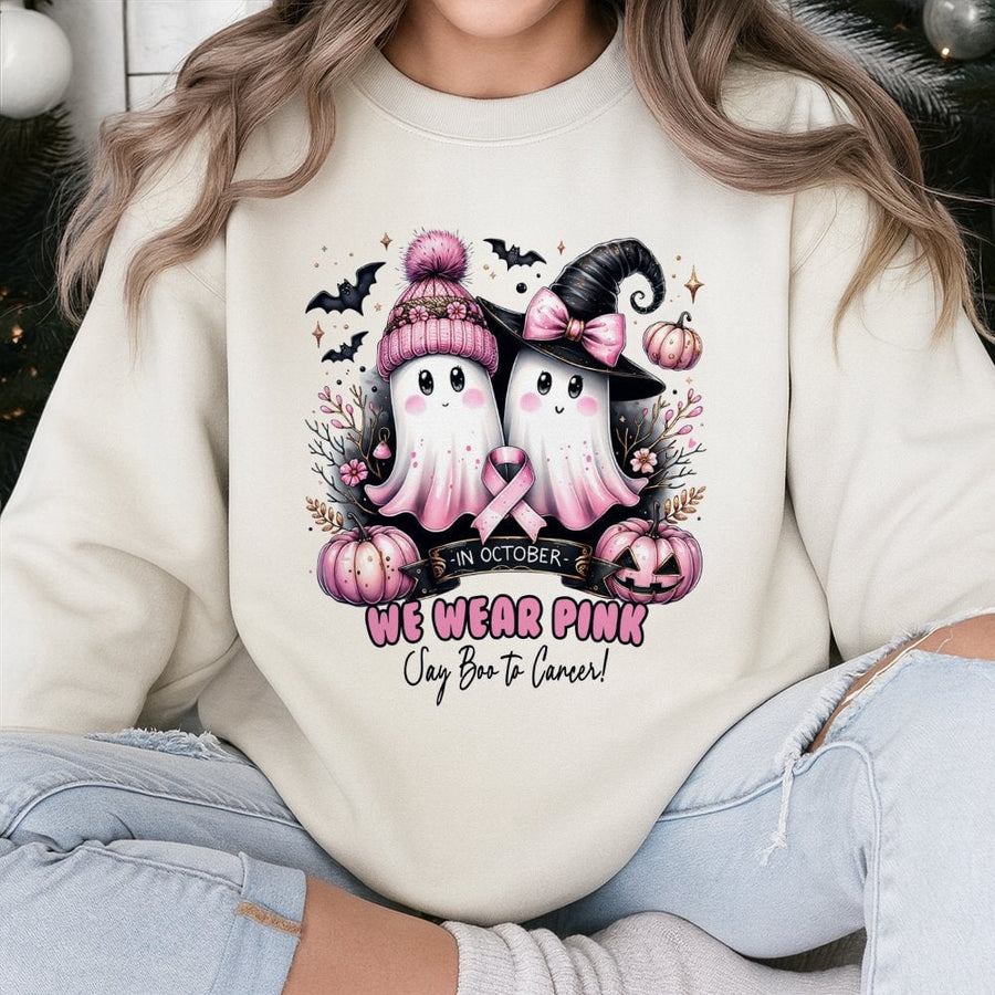 We Wear Pink Halloween Sweatshirt | Breast Cancer Awareness Cute Ghost Design | Soft Cotton Blend | Gift For Cancer Fighters Survivors