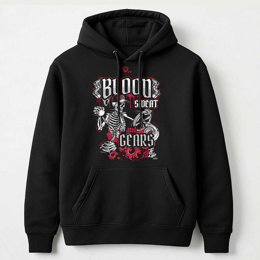 Blood Sweat And Gears Hoodie | Skeleton Mechanic Graphic Print | Premium Cotton-Blend | Gift For Truckers Diesel Mechanics And Gearheads