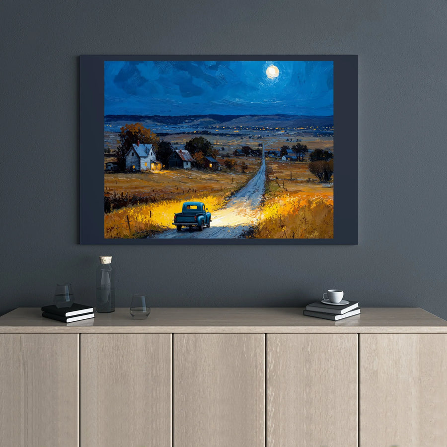 Blue Truck Country Landscape Canvas Art | Rustic Farmhouse Moonlight Scene | Gallery Wrap Premium Print | Cozy Wall Decor Gift